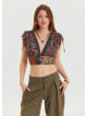 Deep V Neck Waist Gipel Brown Crop Blouse 4632